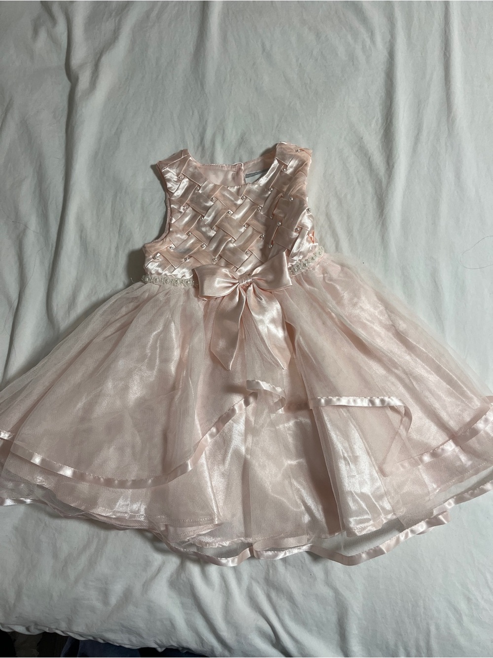 Rare Editions Pale Pink Satin & Tulle Party Dress Bow size 24 months wedding